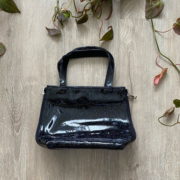 Vintage 90’s Black PVC Shiny Glitter Mini Tote Bag Side Zips - Picture 7 of 8